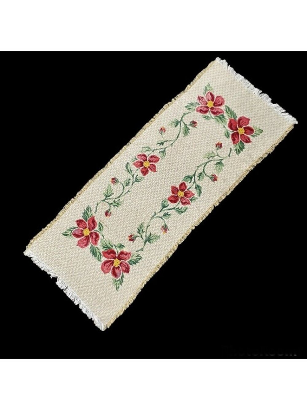 Vintage 1950s Handmade Table Runner Beige Red Floral Linens spring tea party